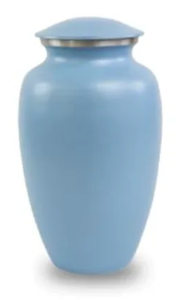 Blue cremation urn for human ashes.